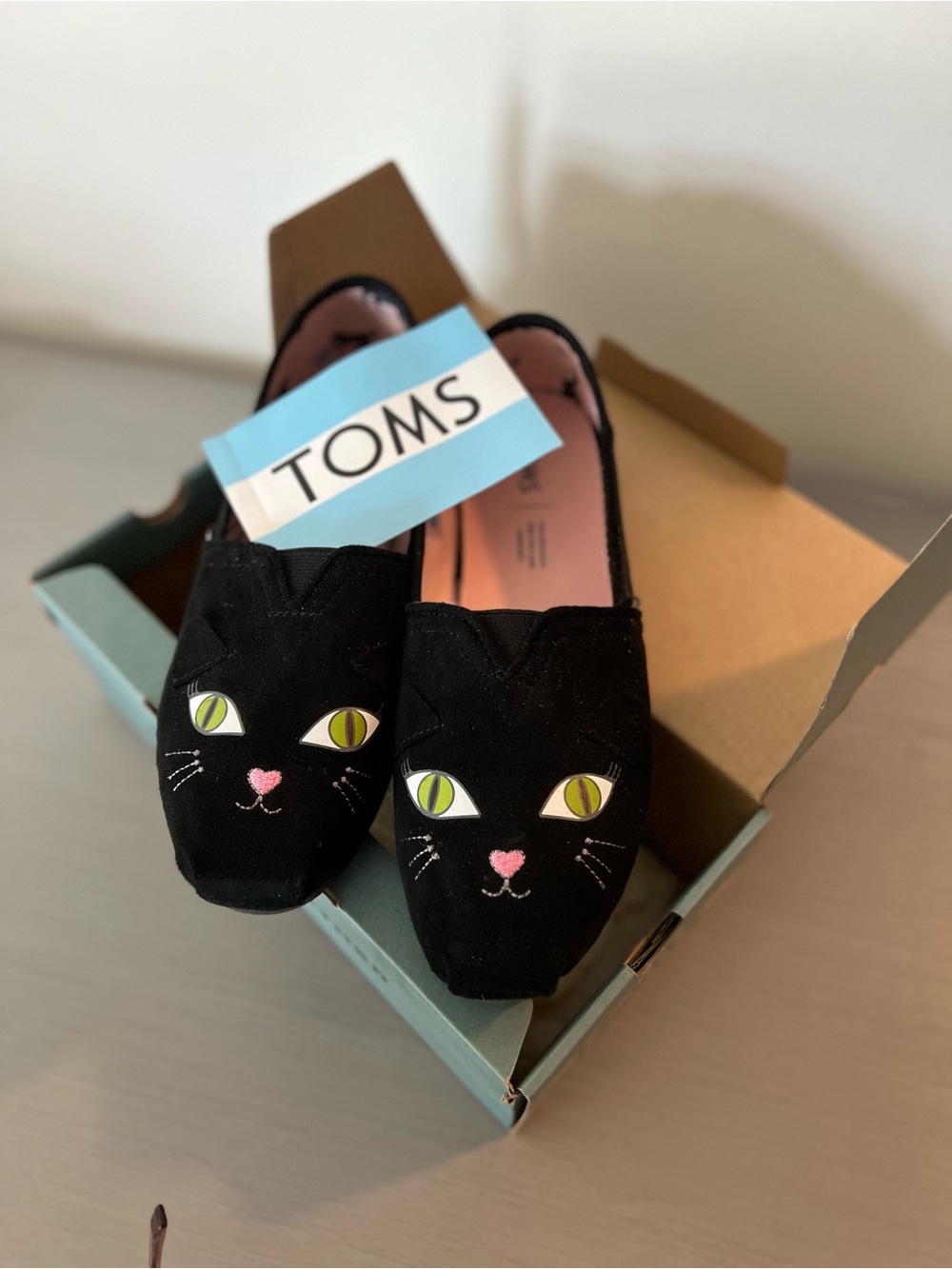 Toms Black Cat Face Slip-Ons with Green Eyes and Pink Nose